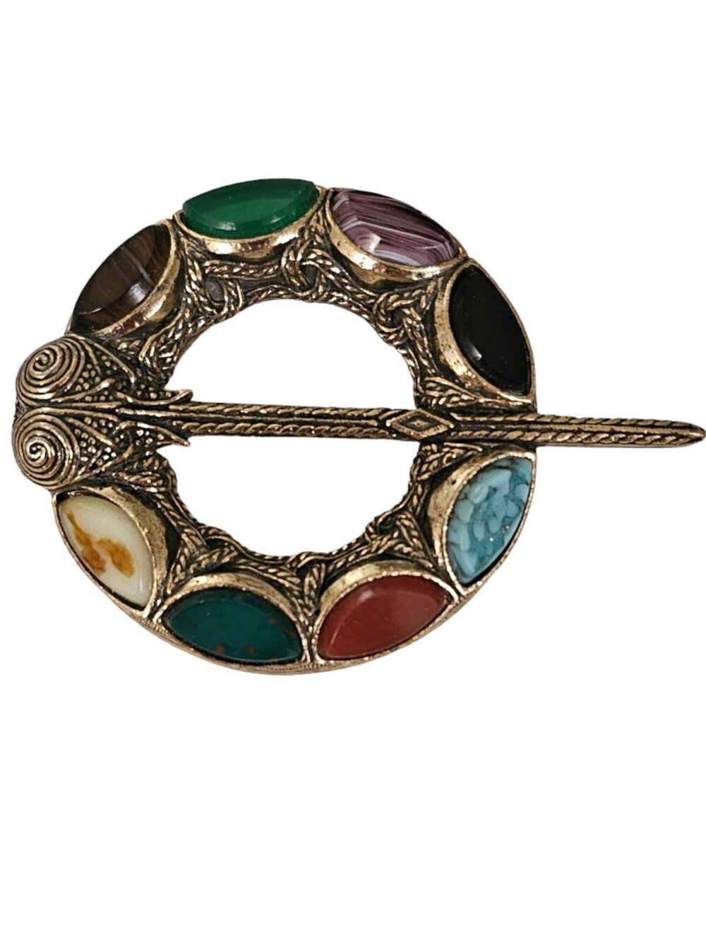 Miracle Multi Color Glass Stone Celtic Cloak Brooch Pin, Signed L296
